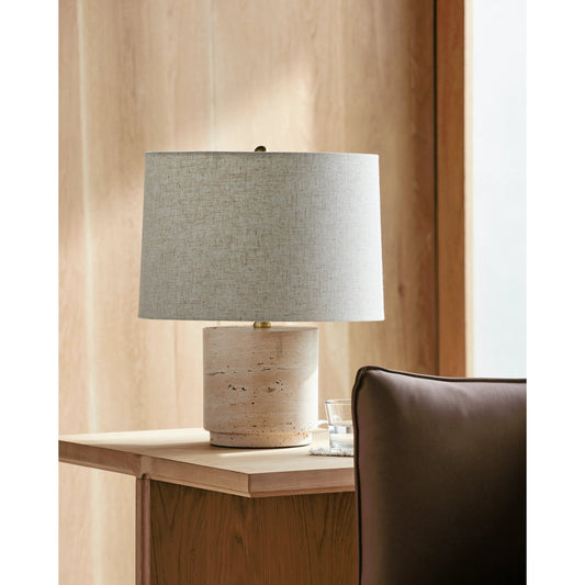 Travera Accent Table Lamp - 531380 by Surya in stone washedelectroplated. Made from travertine, linen, metal, iron in a modern style.