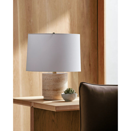 Travera Accent Table Lamp - 531380 by Surya in stone washedelectroplated. Made from travertine, linen, metal, iron in a modern style.