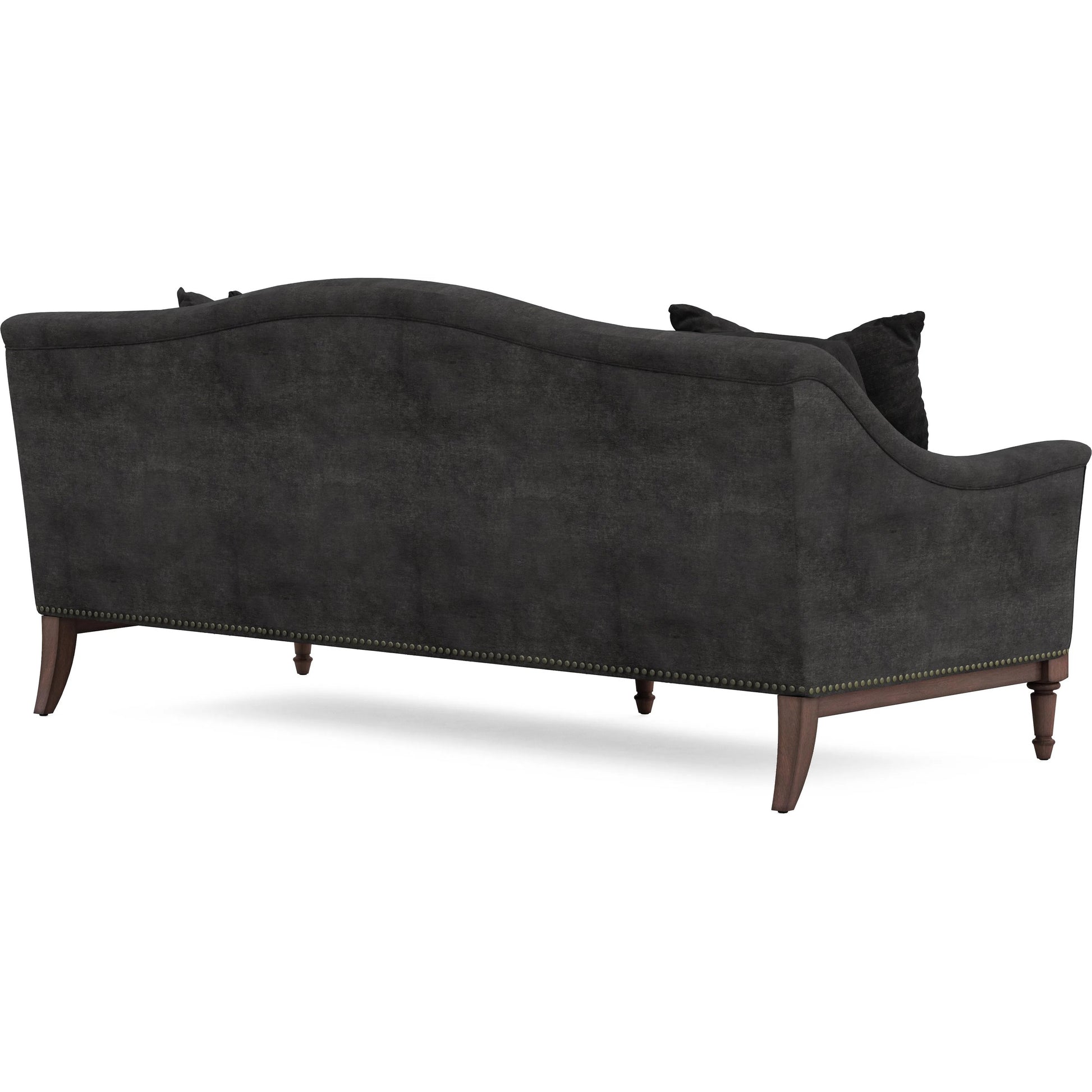 Magritte Sofa by A.R.T. Furniture in charcoal and napa mahogany. Made from rubberwood solids, foam, fabric, metal in a traditional style.