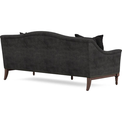 Magritte Sofa by A.R.T. Furniture in charcoal and napa mahogany. Made from rubberwood solids, foam, fabric, metal in a traditional style.