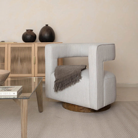 Romer Club Chair by LH Imports in beige and brown. Made from pu foam, 100% polyester fabric, wood base in a unique style.