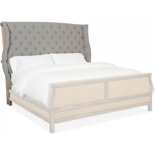 Bon Vivant Headboard by Hooker Furniture in grey and light brown, soft gray. Made from white oak veneers, burlap, fabric, nailheads in a cottage & farmhouse style.