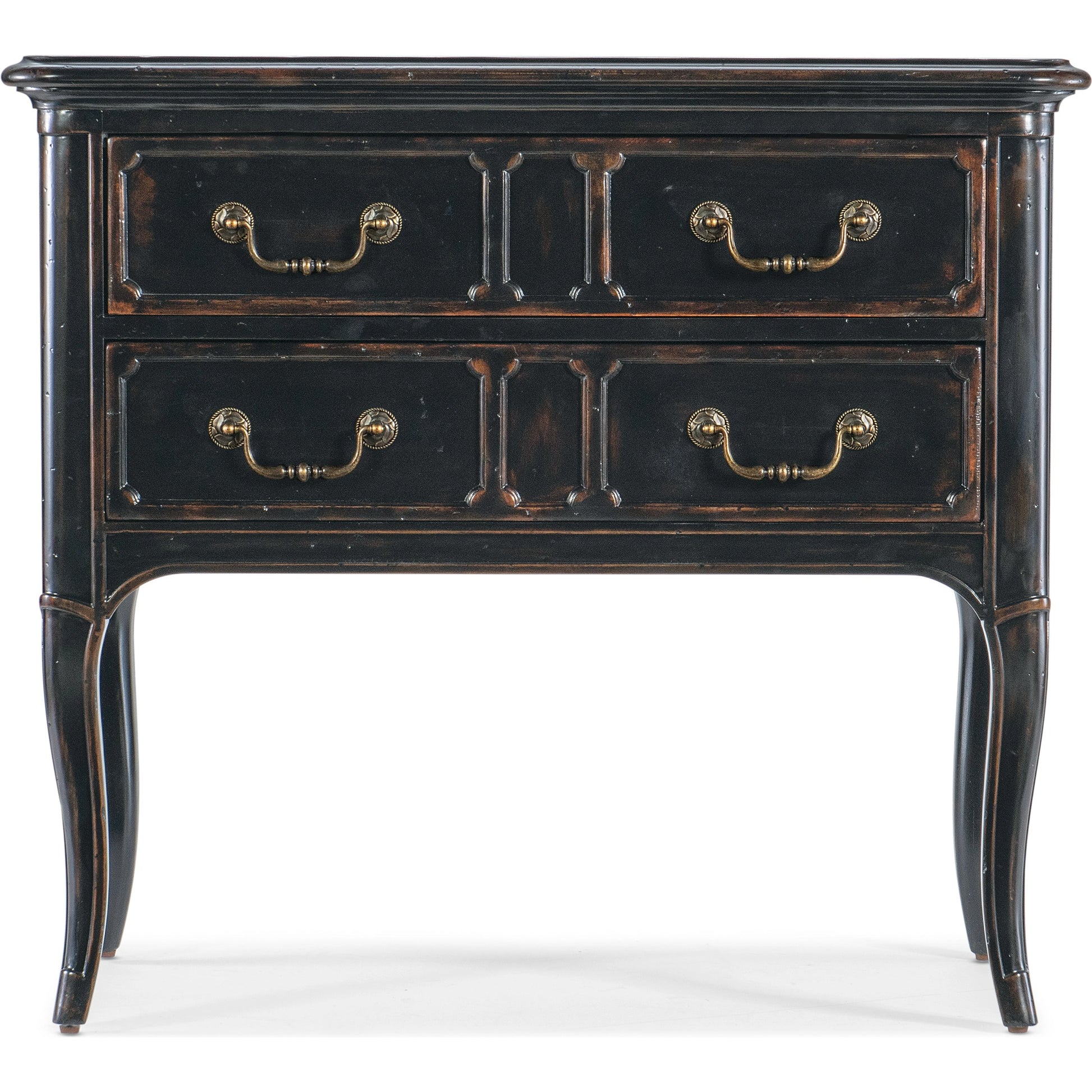 Charleston Two-Drawer Nightstand by Hooker Furniture in black cherry. Made from cherry veneers with solid-wood edge top in a transitional style.