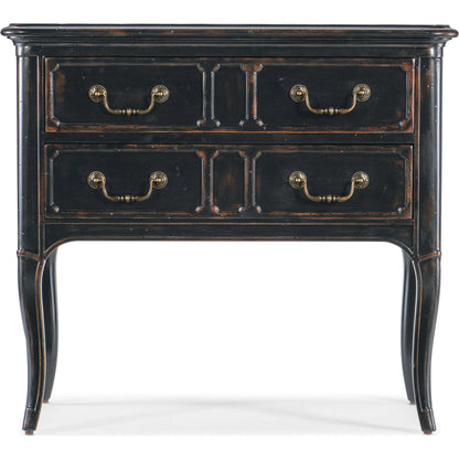 Charleston Two-Drawer Nightstand by Hooker Furniture in black cherry. Made from cherry veneers with solid-wood edge top in a transitional style.
