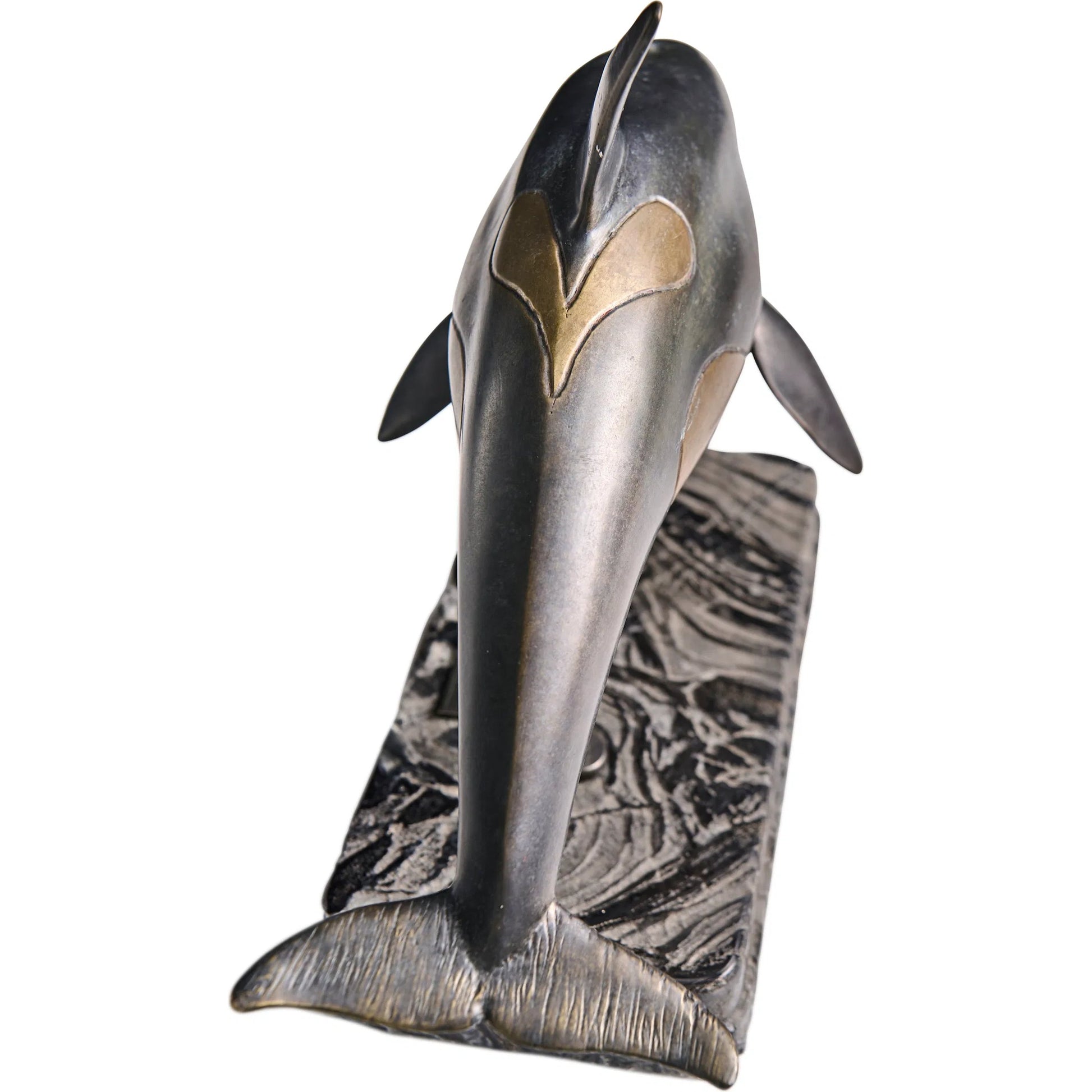 Killer Whale Bronze Statue with Marble Base by Jonathan Charles in dark rustic waxed bronze. Made from main brass in a unique style.