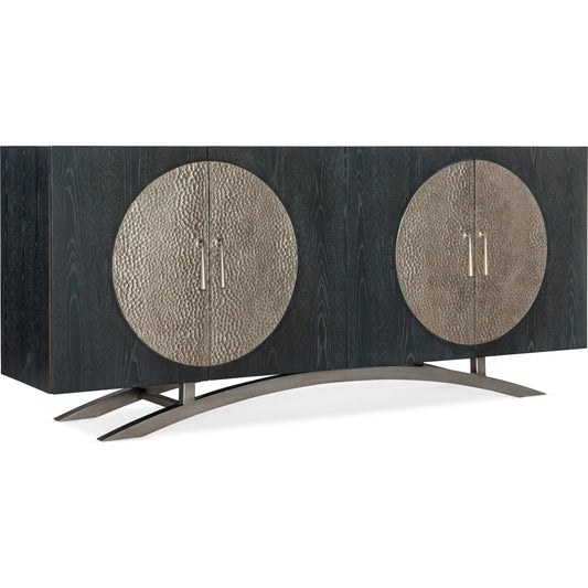 Melange Nolita Four Door Entertainment Console by Hooker Furniture in black. Made from oak veneers with metal in a modern style.