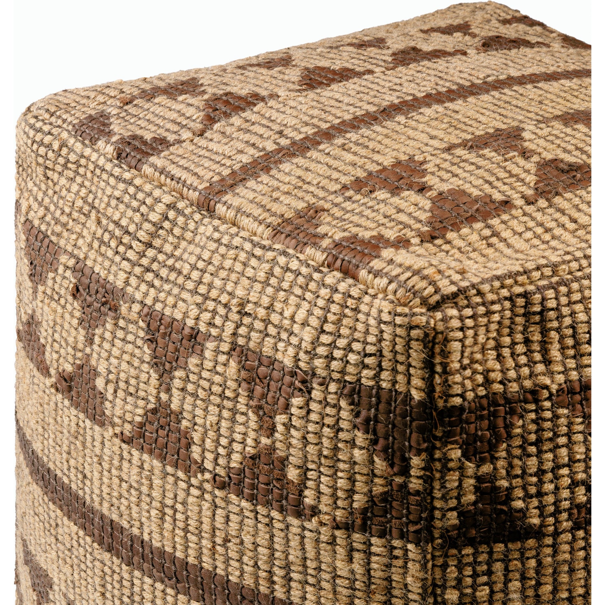 Twareg - 484083 by Surya in pearl, camel, brick, khaki, dark brown, taupe, natural. Made from top: 70% jute, 30% leather, bottom: 100% cotton, fill: 100% polybeads in a cottage & farmhouse style.