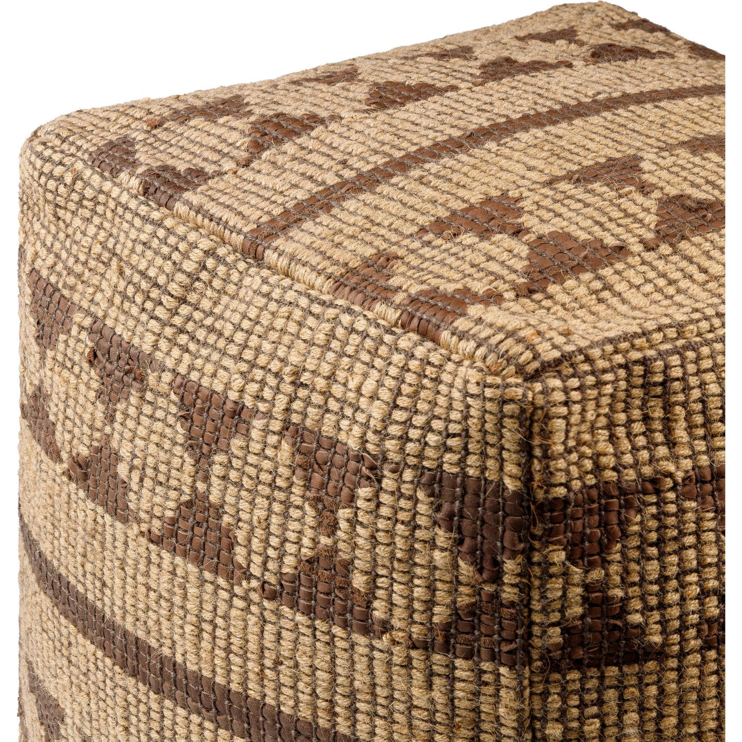 002 SI-2050632 | Closeup | Twareg - 484083 by Surya in pearl, camel, brick, khaki, dark brown, taupe, natural. Made from top: 70% jute, 30% leather, bottom: 100% cotton, fill: 100% polybeads in a cottage & farmhouse style.