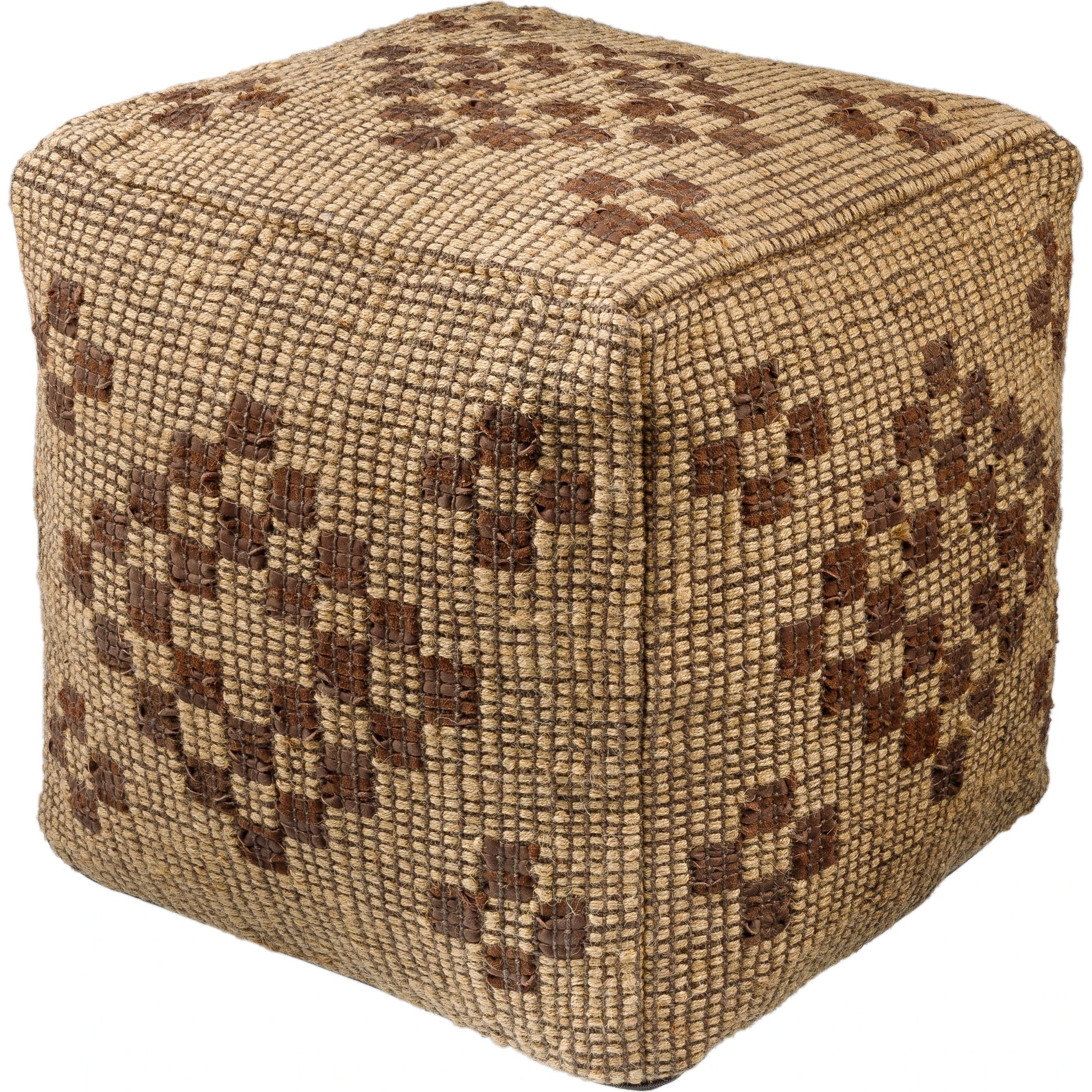 Twareg - 484086 by Surya in desert tan, camel, brick, dark brown, nickel, khaki, taupe. Made from top: 70% jute, 30% leather, bottom: 100% cotton, fill: 100% polybeads in a cottage & farmhouse style.