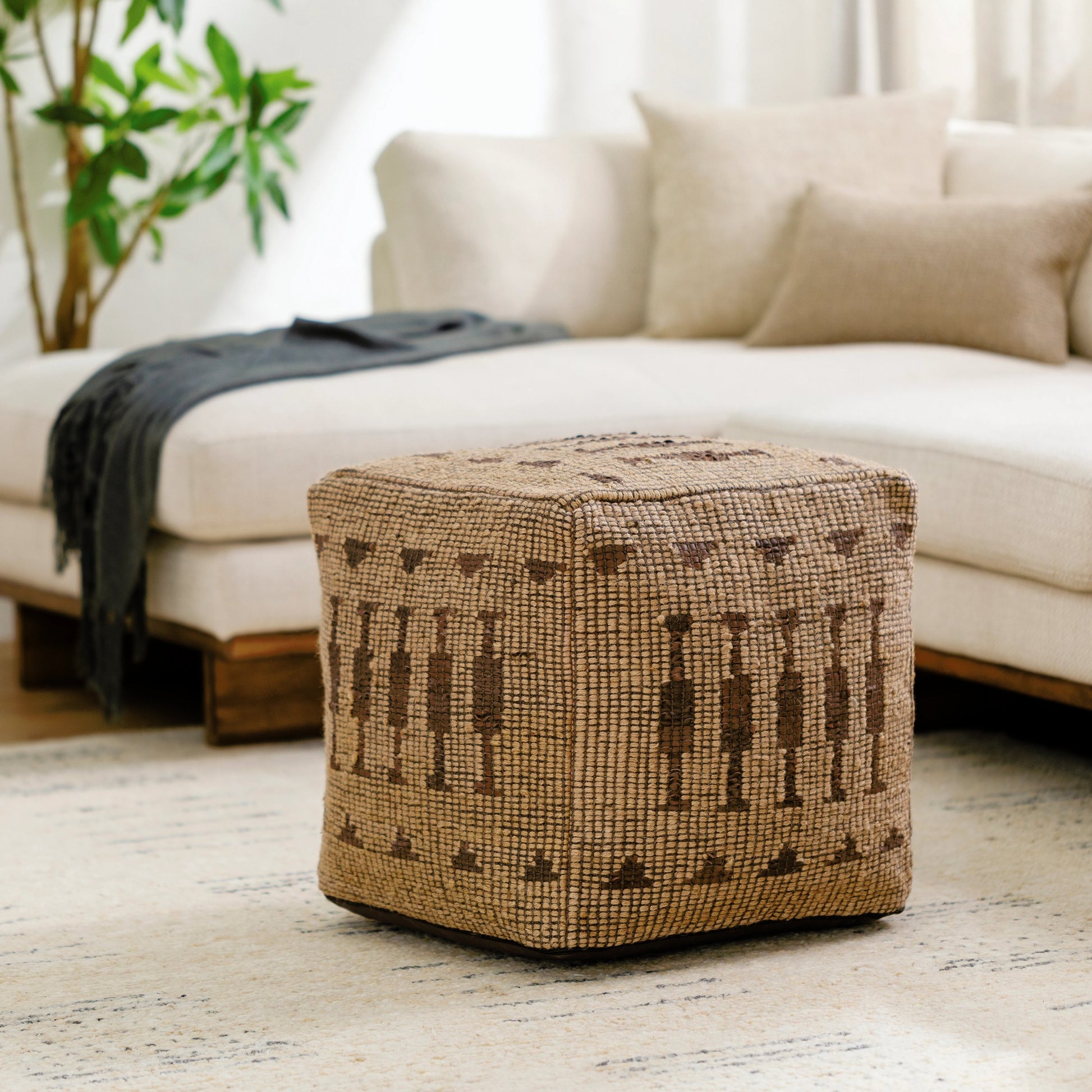 Twareg - 484089 by Surya in champagne, camel, brick, natural, khaki, chocolate, dark brown, wheat. Made from top: 70% jute, 30% leather, bottom: 100% cotton, fill: 100% polybeads in a cottage & farmhouse style.