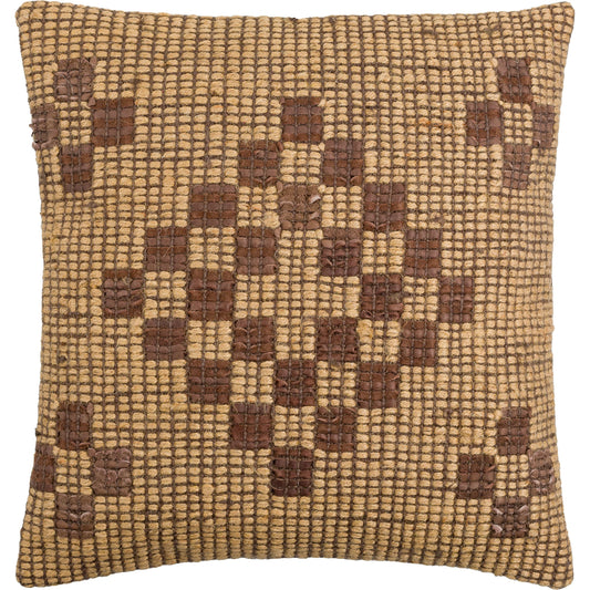 Twareg Pillow - 481466 by Surya in dark brown, brick, camel, light wood, desert tan, clay, nickel. Made from front: 70% jute, 30% leather, back: 100% cotton in a cott