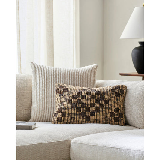 Twareg Pillow - 481471 by Surya in taupe, camel, dark grey, nickel, khaki, clay. Made from front: 70% jute, 30% leather, back: 100% cotton in a cottage & farmhouse style.