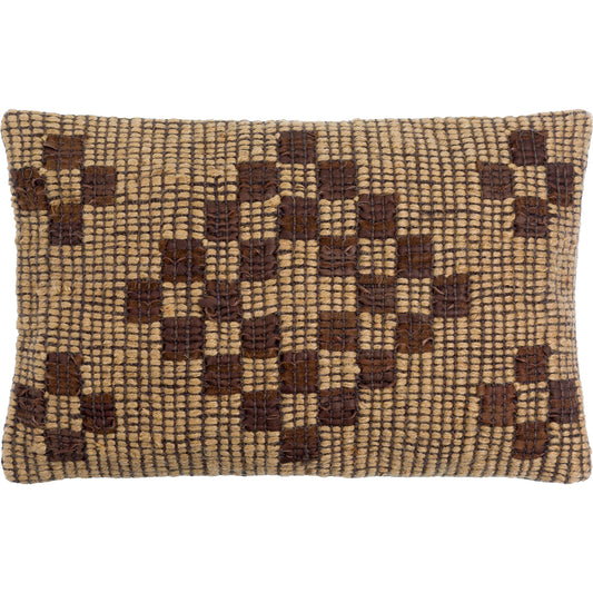 Twareg Pillow - 481471 by Surya in taupe, camel, dark grey, nickel, khaki, clay. Made from front: 70% jute, 30% leather, back: 100% cotton in a cottage & farmhouse style.