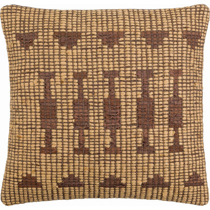Twareg Pillow - 481474 by Surya in mustard, chestnut, sandstone. Made from front: 70% jute, 30% leather, back: 100% cotton in a cottage & farmhouse style.