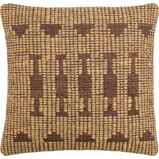 Twareg Pillow - 481474 by Surya in eggplant, light wood, camel, desert tan, brick, clay, chocolate. Made from front: 70% jute, 30% leather, back: 100% cotton in a cot