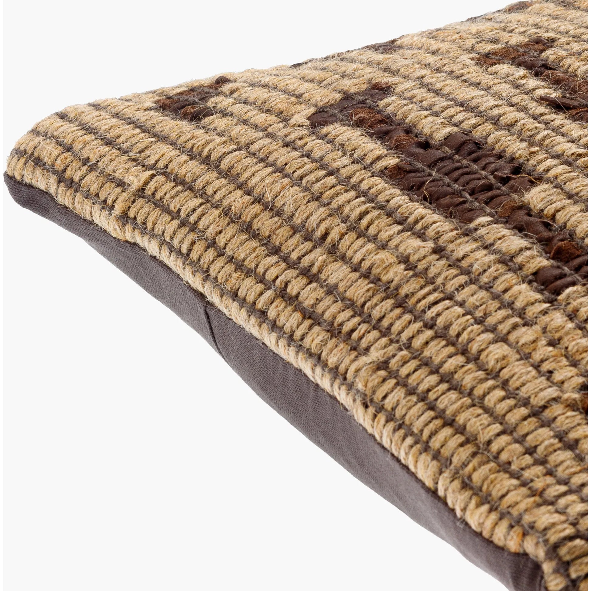 Twareg Pillow - 481479 by Surya in beige, chestnut, espresso. Made from front: 70% jute, 30% leather, back: 100% cotton in a cottage & farmhouse style.