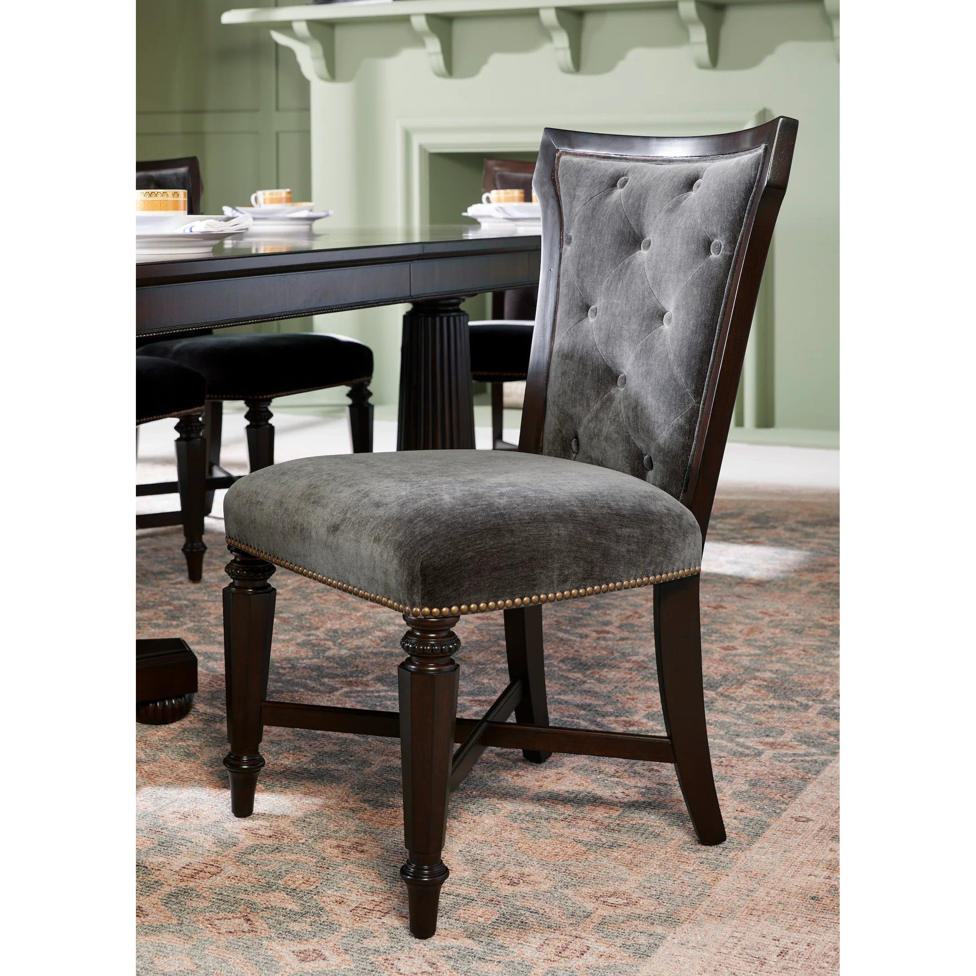 Revival Upholstered Side Chair (Set of 2) by A.R.T. Furniture in black, brown and napa mahogany. Made from rubberwood solids, quarter mahogany veneer, foam, fabric, metal in a traditional style.