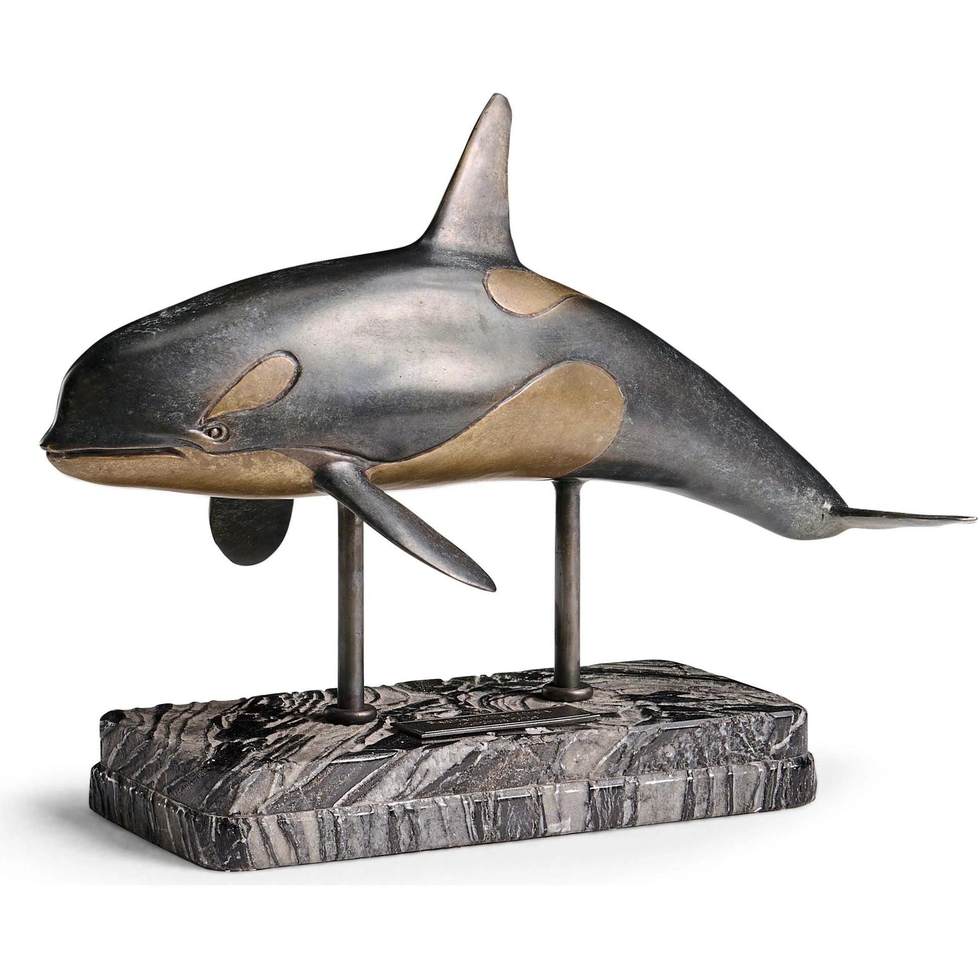 Killer Whale Bronze Statue with Marble Base by Jonathan Charles in dark rustic waxed bronze. Made from main brass in a unique style.