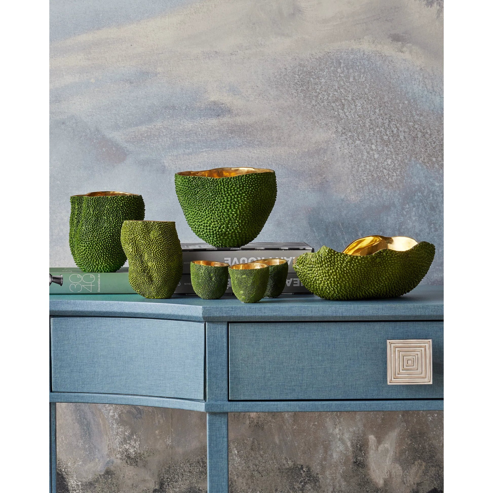 Jackfruit Vase Set by Currey and Company in green, gold. Made from bronze in a modern style.