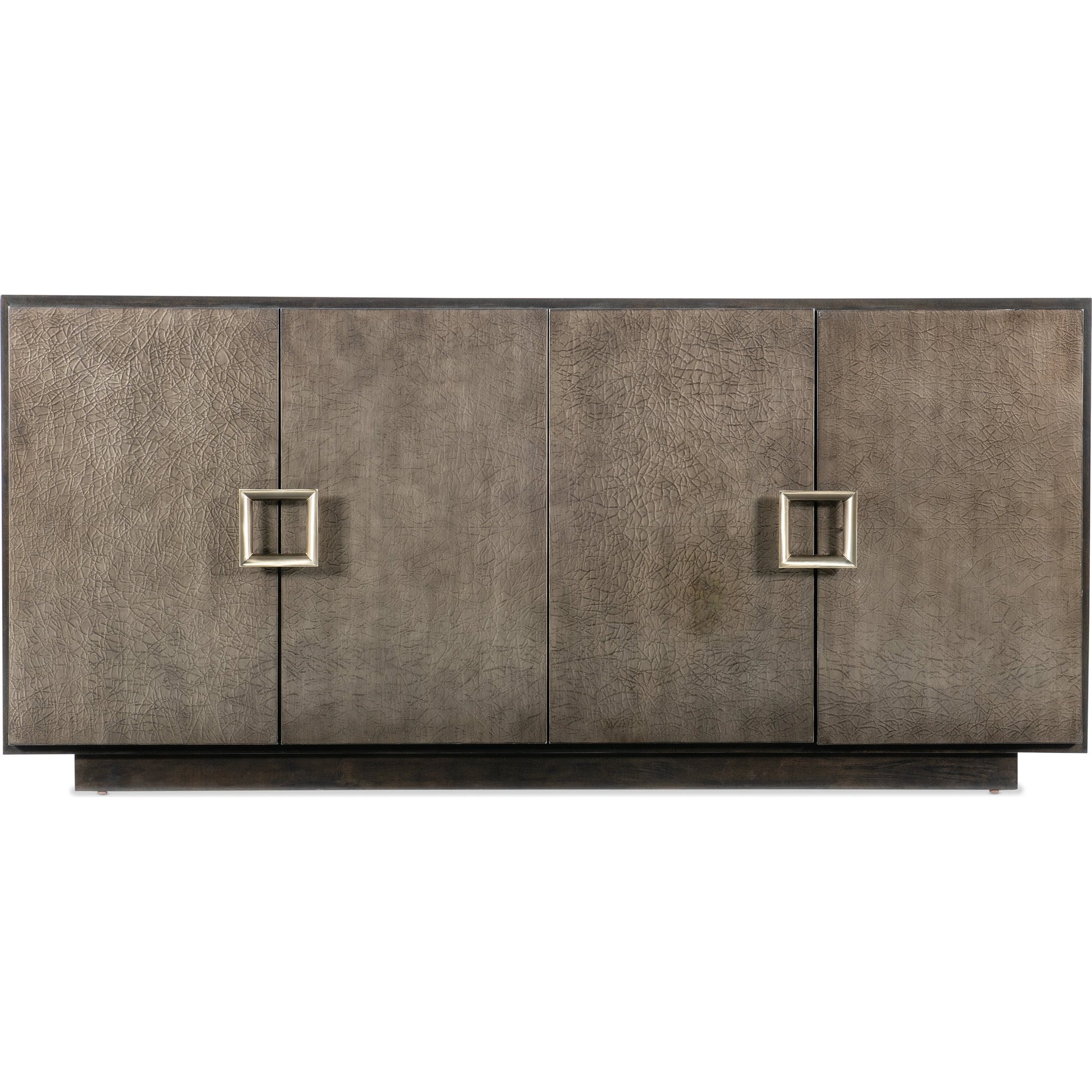 Melange Asher Four Door Entertainment Credenza by Hooker Furniture in dark wood. Made from figured primavera veneers with canvas crackle in a modern style.