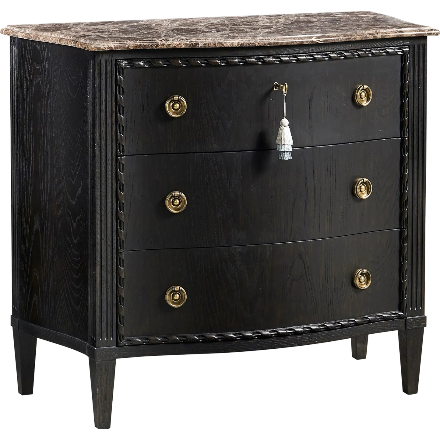 001 SI-2334501 | Primary Silo | Tangiers Drawer Chest by Jonathan Charles in brown, black and ebonized oak. Made from oak solids, flat-cut oak veneers, stone, brass in a traditional style.