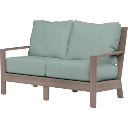 Laguna Outdoor Loveseat by Sunset West in browns. Made from aluminum in a modern style.