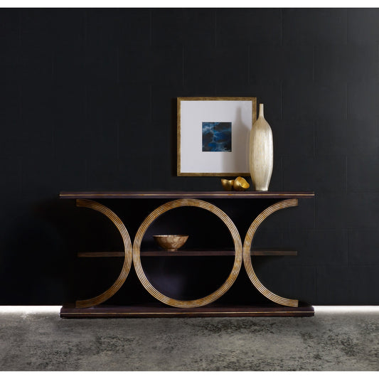 Presidio Console Table by Hooker Furniture in walnut, gold. Made from walnut veneers, gold powder in a modern style.