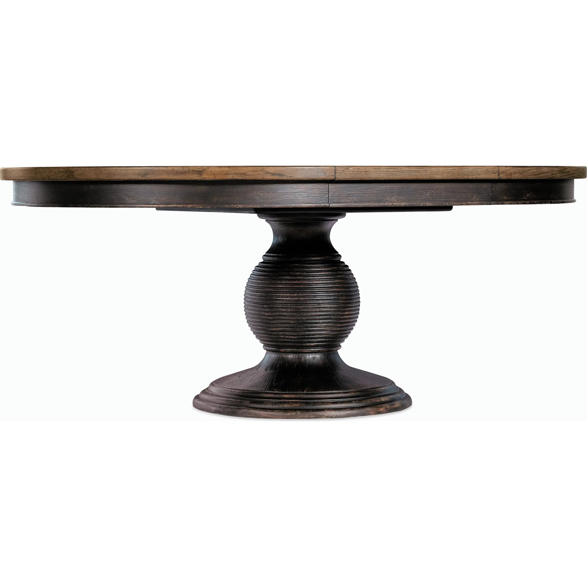 Americana Round Pedestal Dining Table by Hooker Furniture. Made from oak veneers, resin with solid-wood edge top in a cottage & farmhouse style.