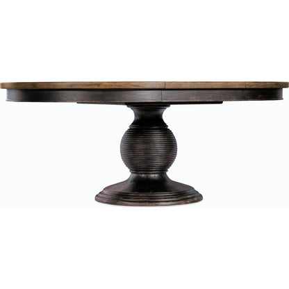 Americana Round Pedestal Dining Table by Hooker Furniture. Made from oak veneers, resin with solid-wood edge top in a cottage & farmhouse style.