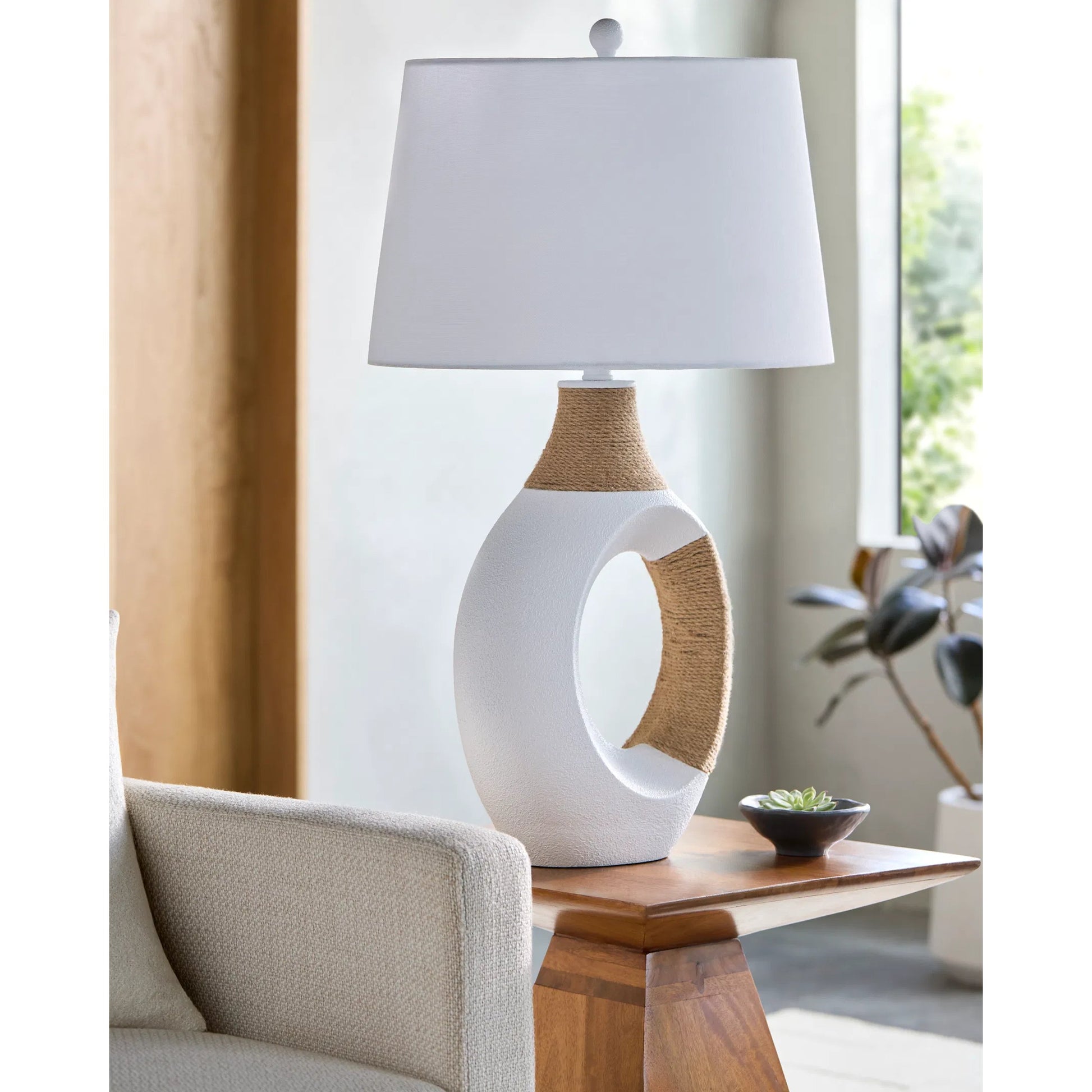 Taiyan Accent Table Lamp by Livabliss in paintedpaintednatural. Made from resin, linen, polyester in a modern style.