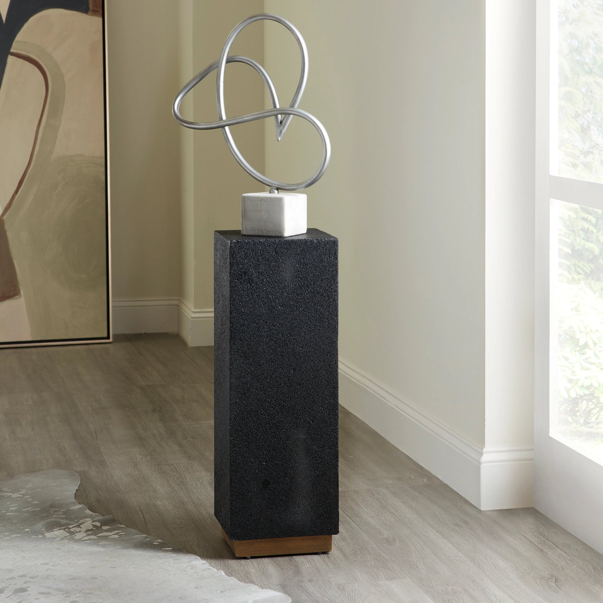 Small Lava Stone Pedestal by Pulaski Furniture in black lava stone. Made from lava stone, metal in a modern style.