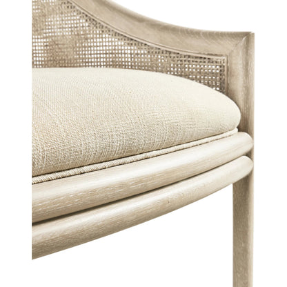 Fjord Dining Chair by Jonathan Charles in white washed cerused oak. Made from oak solids, cane, rope, foam, fabric in a transitional style.