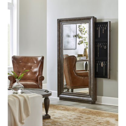 Traditions Floor Mirror by Hooker Furniture in dark wood. Made from pine veneers with mirror, felt, copper, jewelry bags in a transitional style.