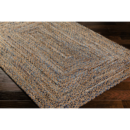 Sanya Bay Pillow - 32492 by Livabliss in tan, light blue, navy. Made from main: 60% recycled fabric, main: 40% jute in a modern style.