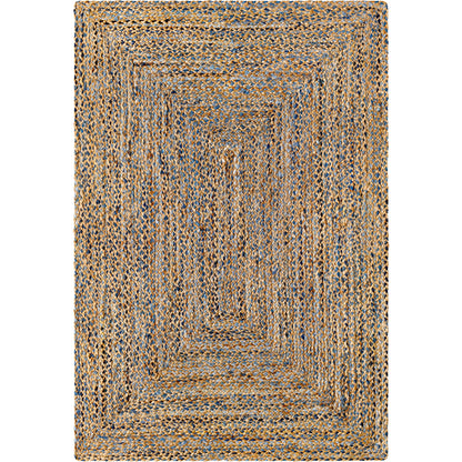 Sanya Bay Pillow - 32492 by Livabliss in tan, light blue, navy. Made from main: 60% recycled fabric, main: 40% jute in a modern style.
