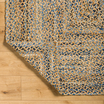 Sanya Bay Pillow - 32492 by Livabliss in tan, light blue, navy. Made from main: 60% recycled fabric, main: 40% jute in a modern style.