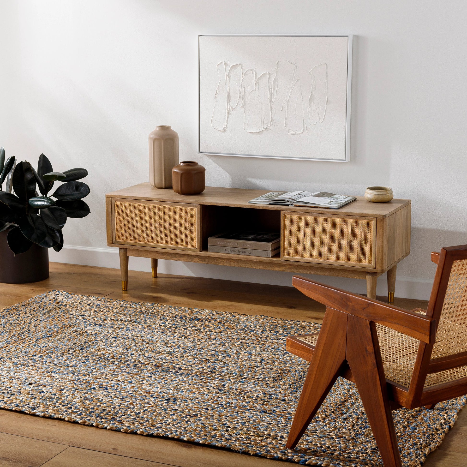 Sanya Bay Pillow - 32492 by Livabliss in tan, light blue, navy. Made from main: 60% recycled fabric, main: 40% jute in a modern style.