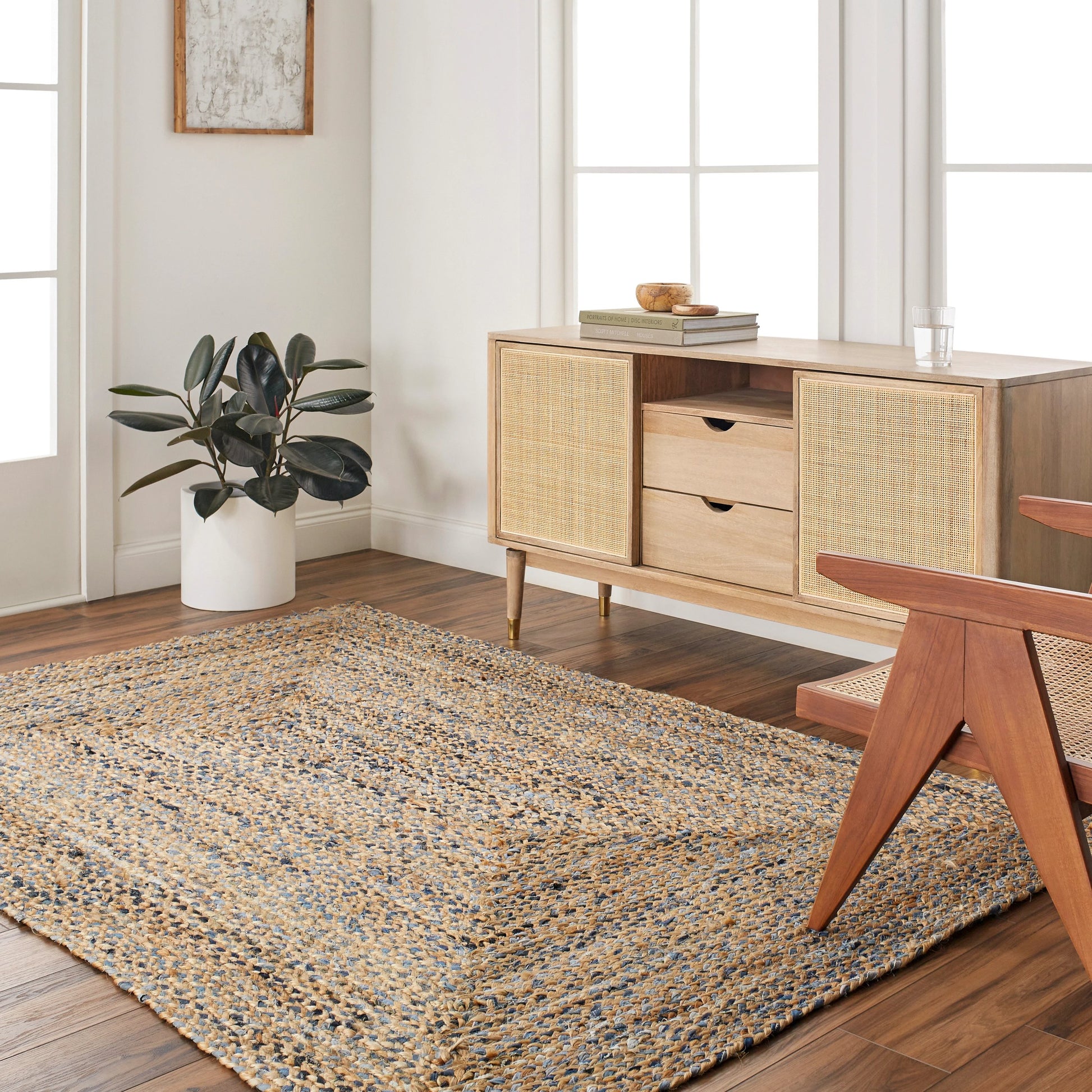 Sanya Bay Pillow - 32492 by Livabliss in tan, light blue, navy. Made from main: 60% recycled fabric, main: 40% jute in a modern style.