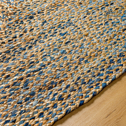 Sanya Bay Pillow - 32492 by Livabliss in tan, light blue, navy. Made from main: 60% recycled fabric, main: 40% jute in a modern style.