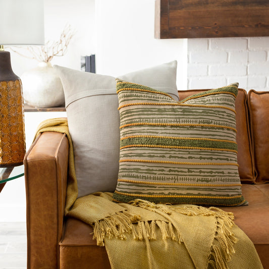 Tanzania Pillow - 27726 by Surya in olive, beige, grass green. Made from 100% cotton in a coastal style.