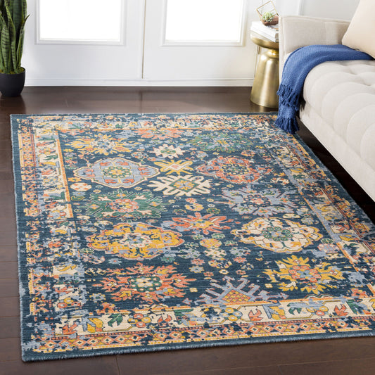 TZR-1003 Rug by Livabliss in dark green, beige, gray, mustard, orange. Made from 80% wool, 20% nylon in a unique style.