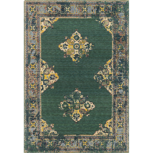 TZR-1011 Rug by Livabliss in dark green, beige, deep teal, mustard, orange. Made from 80% wool, 20% nylon in a unique style.