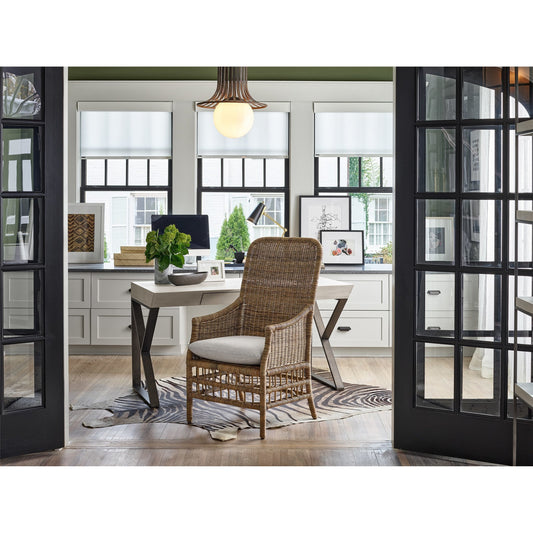Irving Arm Chair by Universal Furniture in aged pewter and dover natural. Made from 96% polyester, 2% nylon, 2% cotton in a coastal style.