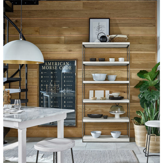 Braxton Etagere by Universal Furniture in aged pewter and rustic oak. Made from unique in a transitional style.