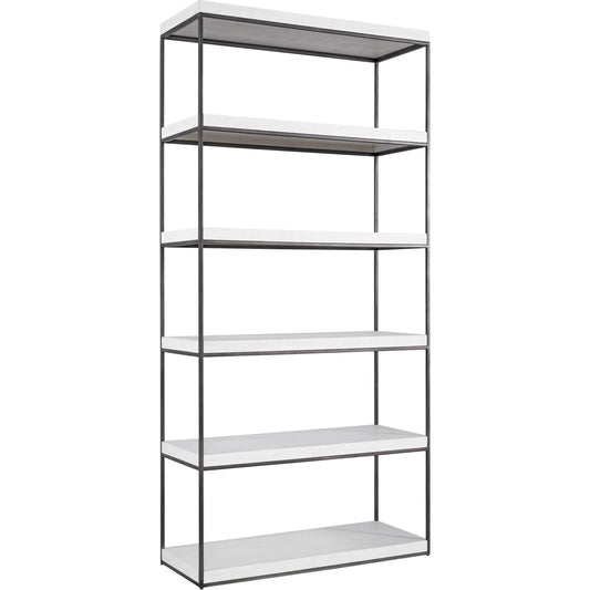 Braxton Etagere by Universal Furniture in aged pewter and rustic oak. Made from unique in a transitional style.