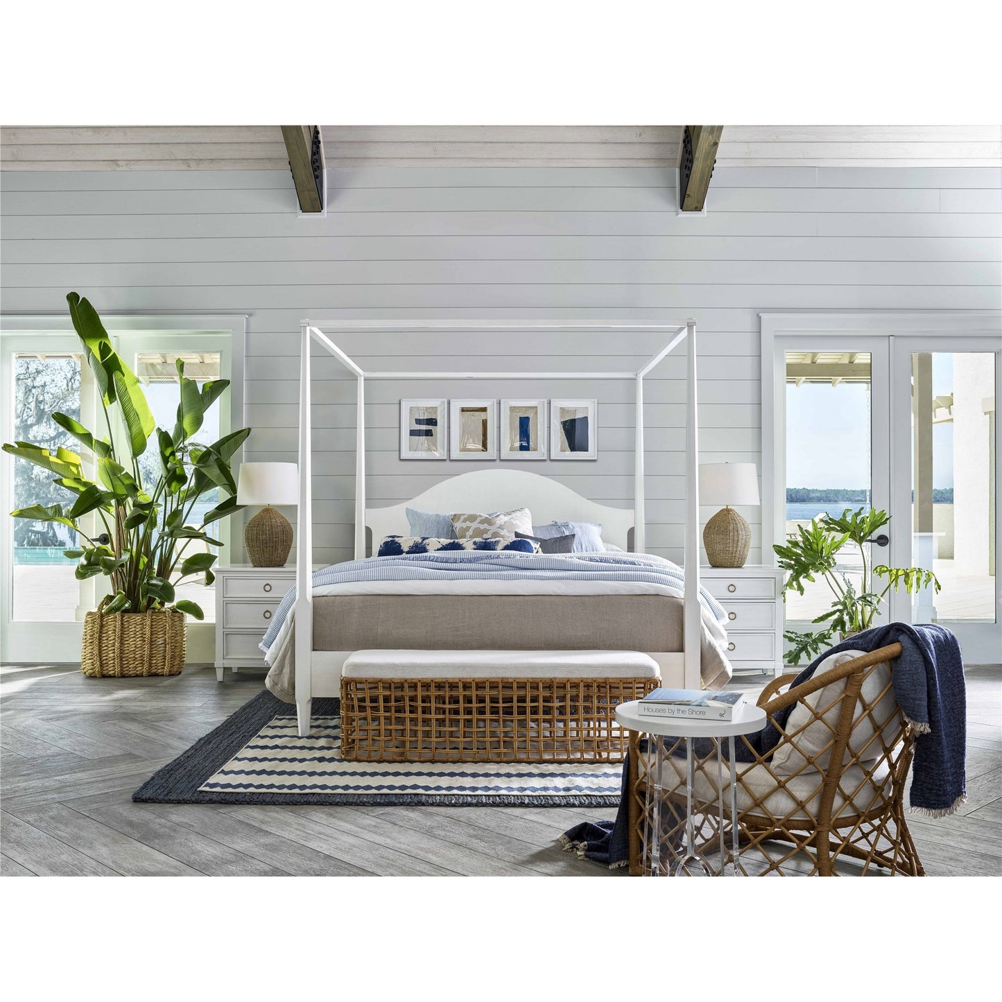 004 SI-1871239 | Lifestyle | Getaway Rattan Bench by Coastal Living by Universal Furniture in nomad snow and natural rattan. Made from 92% polyester, 8% linen in a coastal style.