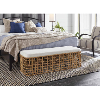 Getaway Rattan Bench by Coastal Living by Universal Furniture in nomad snow and natural rattan. Made from 92% polyester, 8% linen in a coastal style.