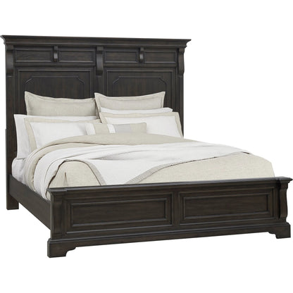 Hickory Creek Panel Bed by Pulaski Furniture in brown velvet. Made from split heart cathedral hickory veneers in a unique style.