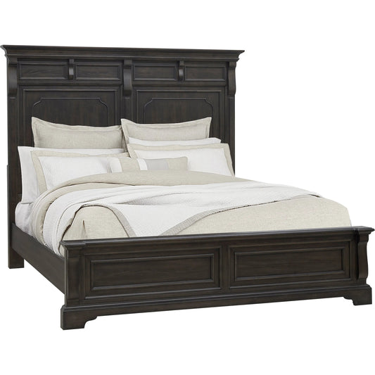 Hickory Creek Panel Bed by Pulaski Furniture in brown velvet. Made from split heart cathedral hickory veneers in a unique style.