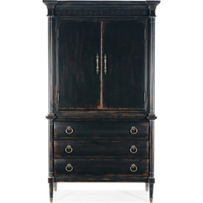 Charleston Jewelry Armoire by Hooker Furniture in black cherry. Made from cherry veneers, cedar, metal in a traditional style.